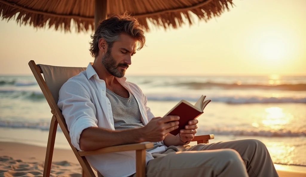 An image of Let's Pretend lounging in a hammock with a book in hand, wearing sunglasses and a sun hat.,original,A 45 year old man with Grey mustache , male