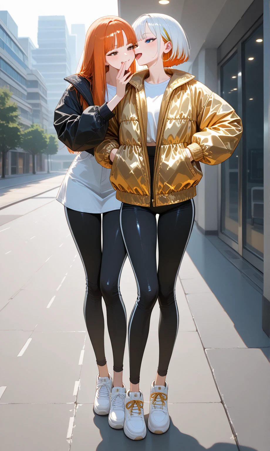 a young man having long legs, thick thighs, large hips, thin and narrow weist, big large feminine breasts, wearing blue leggings and hoodie and tshirt, very small spikey boyish haircut, man