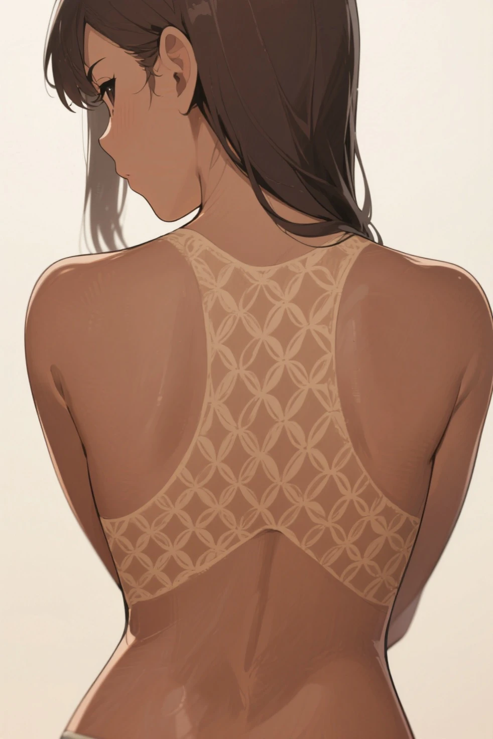 Fastening bra straps, rear view composition, woman, line drawing, black and white, japanese , hands around back, removing bra