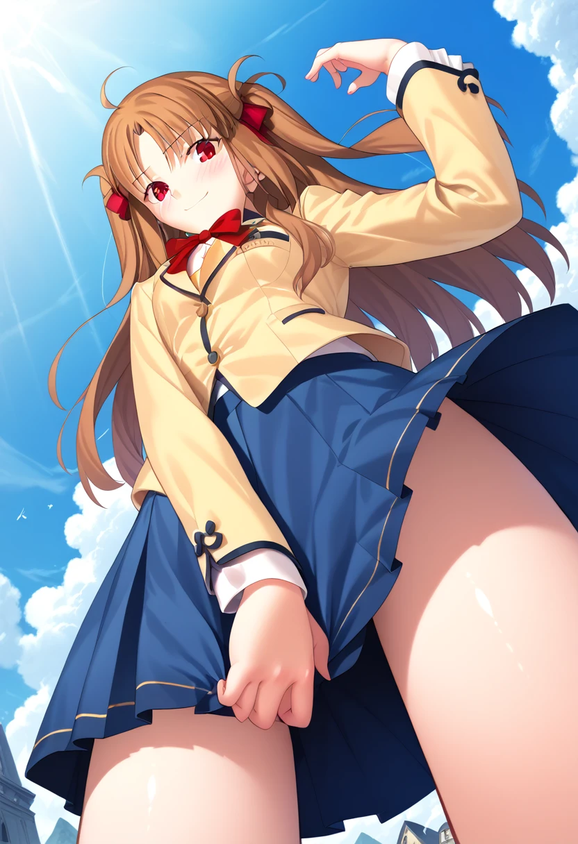 (((Stretch your legs and rotate your hips)))、((Shiny underwear)))、Uniform Blazer、Beautiful beauty、Long golden hair、((whole body))、(((Photo taken from below)))、school gate、Large Breastini skirt、Panties are blue lace、Japanese、expensive、Long limbs