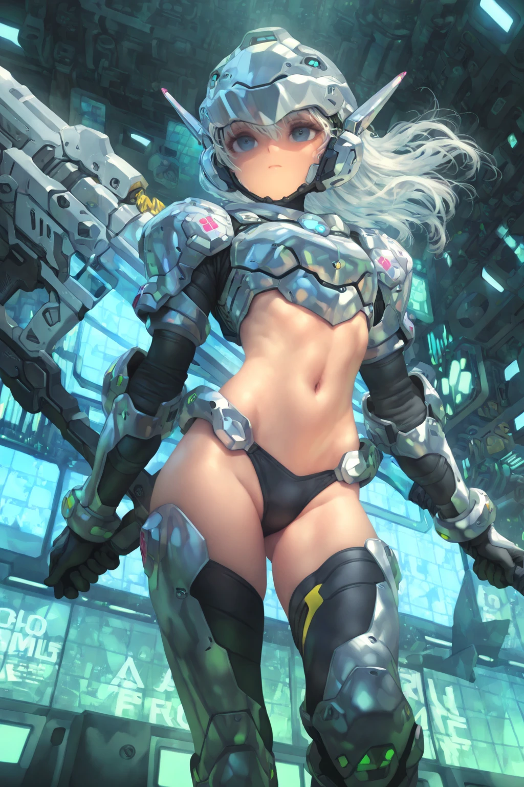 Female Cyborg,Clothes are skimpy,Future Sky City,ruins,sea of clouds,Combat Airship,Turret,(turret),water is gushing out,The grass is encroaching,