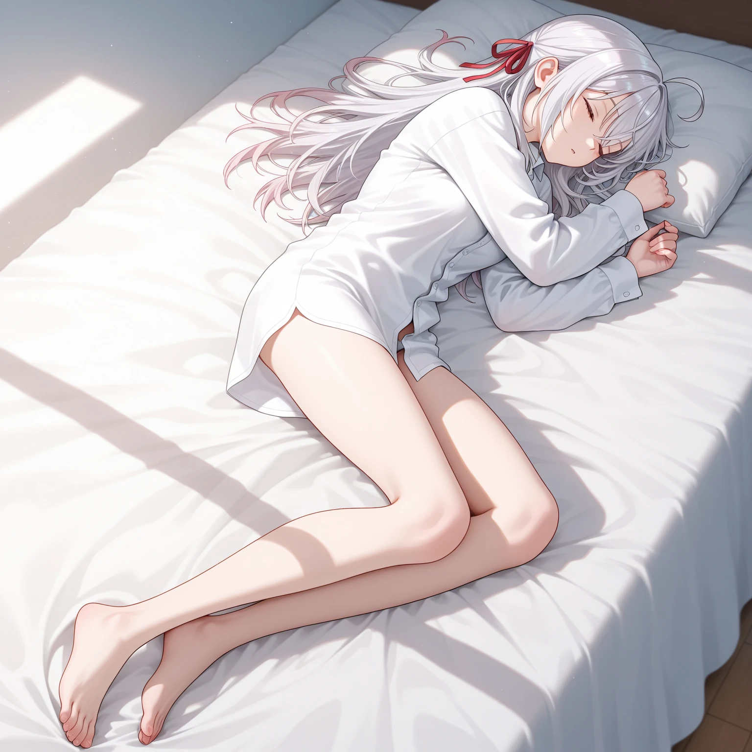 (masterpiece, best quality:1.5), (ultra detailed, high resolution, 8k, beautiful detailed, UHD, best anatomy), white hair, flat breasts, 1 beast ears, barefoot, bedroom, night, Lying on the bed, asleep, Both eyes closed, Pajamas with short sleeves and short pants, Cat girl, head on pillow, sleeping sideways, blanket, side angle, ears are hidden by her hair