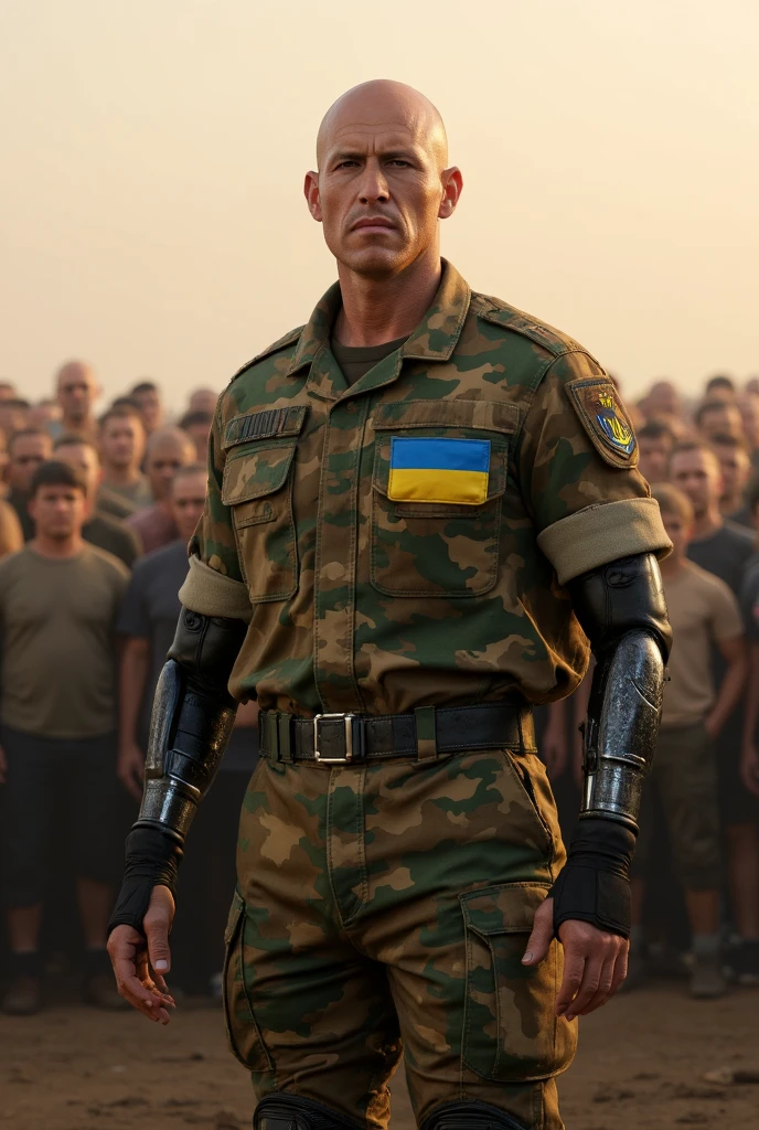 incredible tall and strong soldier, blond hair, military uniform, a group of short men, African village