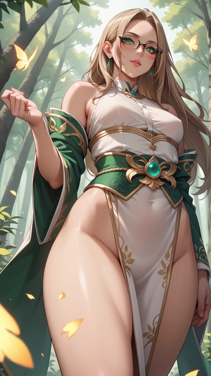 1girl,solo,looking at viewer,holding staff,
long brown hair,leaf hair ornament,
pink eyes,
animal ears,deer ears,earrings,
large breasts,sideboob,
green cape,detached sleeves,Golden tassels,
jewelry,pelvic curtain,
Piccolo and grass belt hanging from the belt,
butterfly,
white background,
<lora:GBF-64-xl-000024:0.8>,