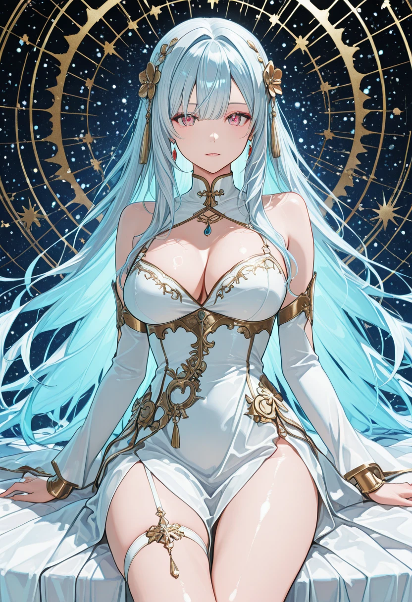 masterpiece, highest quality, 1 chica, Rebecca Bluegarden from Eden's Zero, super detailed and realistic, figure-hugging dress, (flirtatious expression), (super cute and angelical face), (incredibly beautiful and luminescent eyes), slender yet voluptuous body, long, luminous hair, delicate and perfect hands, perfect anatomy, ultra-sexy and seductive pose, slim face, ultra-detailed features, cinematic lighting, captivating beauty, seductive gaze, pretty background of stars. --s2
