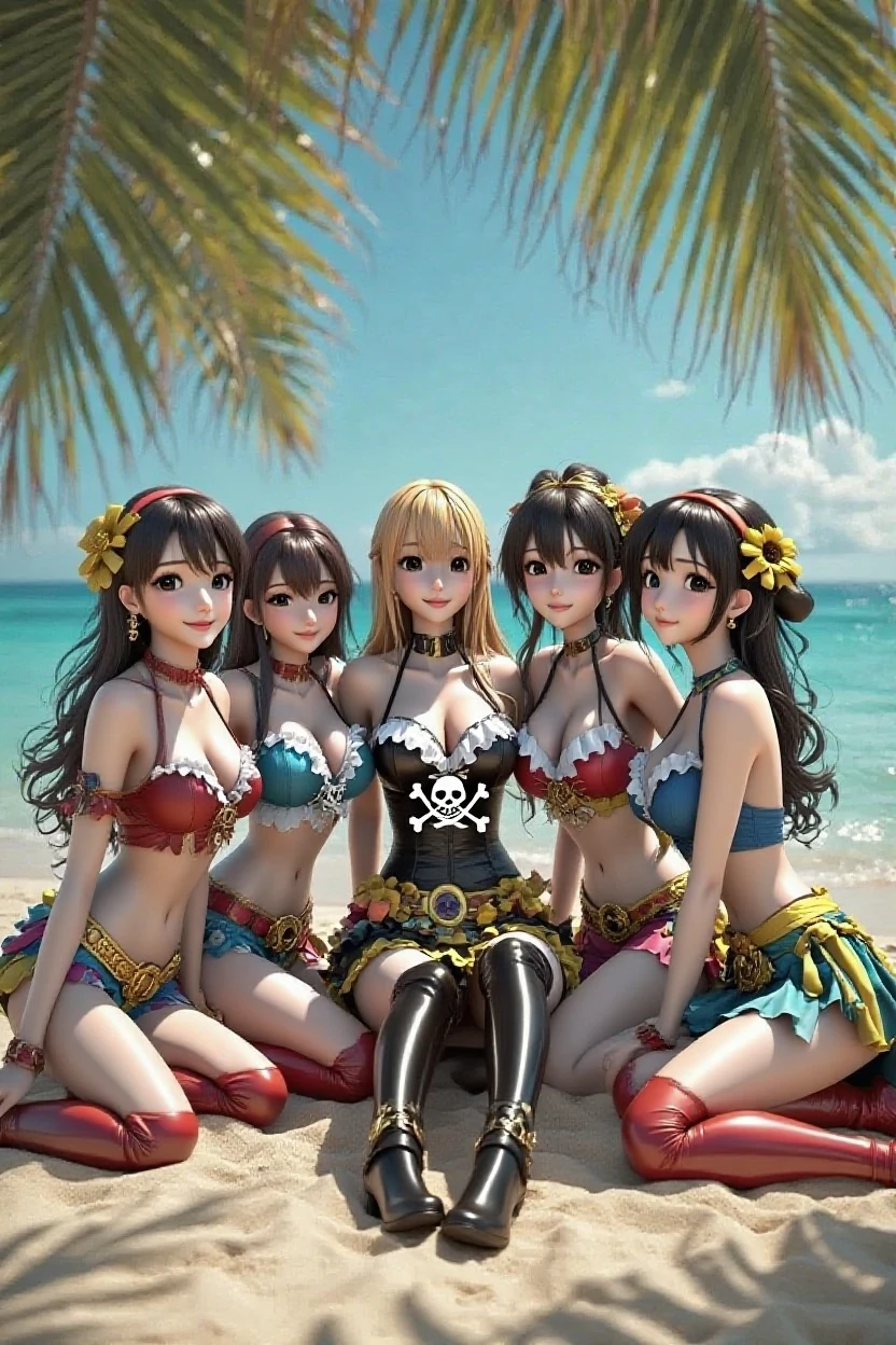 Masterpiece, ultra high quality anime style illustration, 8K, Samba Carnival in Rio de Janeiro. Very cute dancer 1, two pretty girls, joyful smiles, squatting and resting, highly detailed faces, brown eyes, pink lips, natural make-up, flashy colorful outfits, revealing costumes, cleavage, visible navel, healthy thighs, beautiful legs.