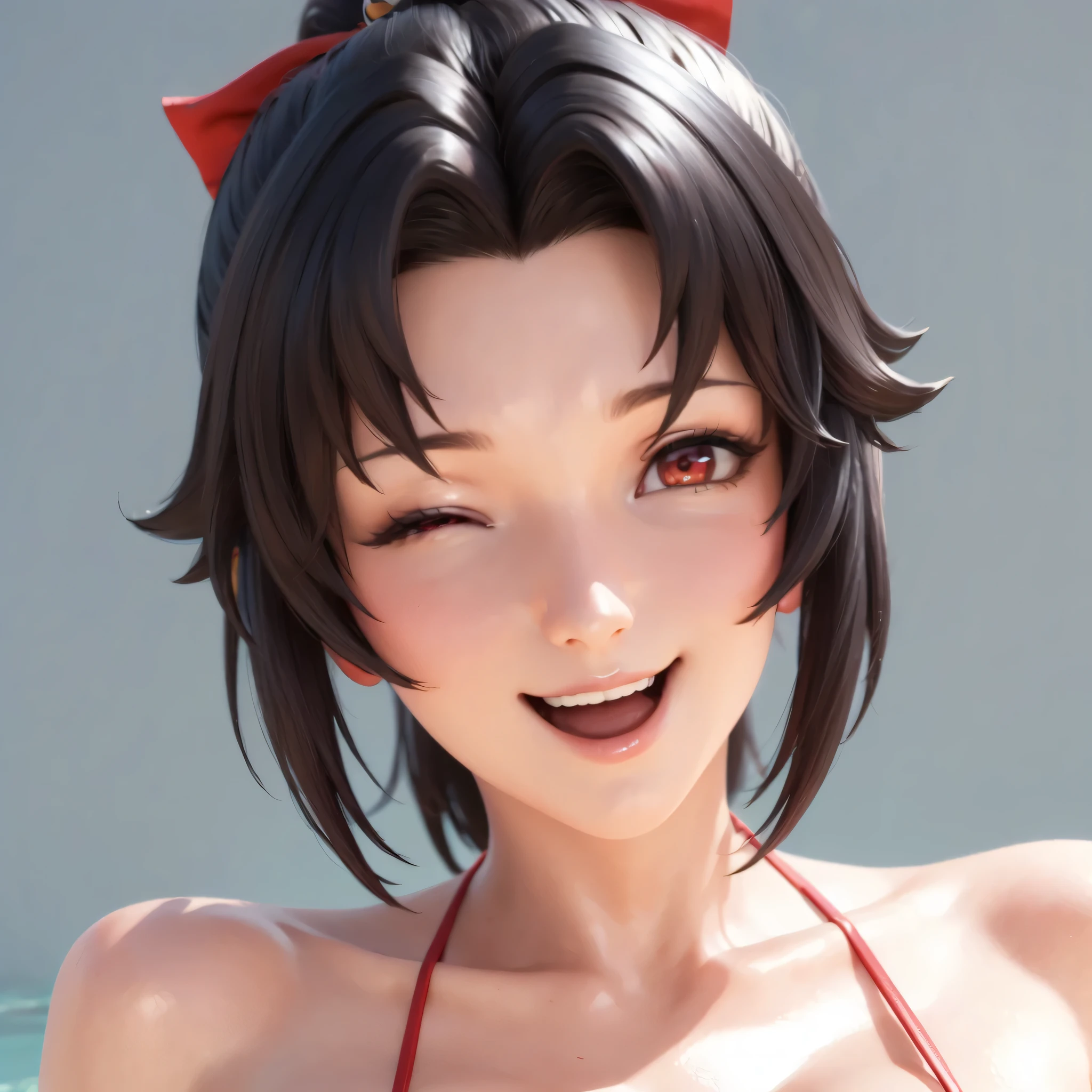 highres,best quality at best,masterpiece,quality,best quality,delicate facial features,look at the audience,there is light in the eyes,WZRYyunyingYP,(masterpiece),(best quality),masterwork,semrealistic,realistic,mature female,wide hips,fair_skin,shiny_skin,3d render,<lora:云缨yunying_ILV2-000016:0.8>,red eyes,collarbonea,yunying,short hair with ponytail,black hair,big breasts,(thick_thighs:1.1),thong_bikini,front-tie_bikini,red bikini,cameltoe,;d,v,sitting_on_water,