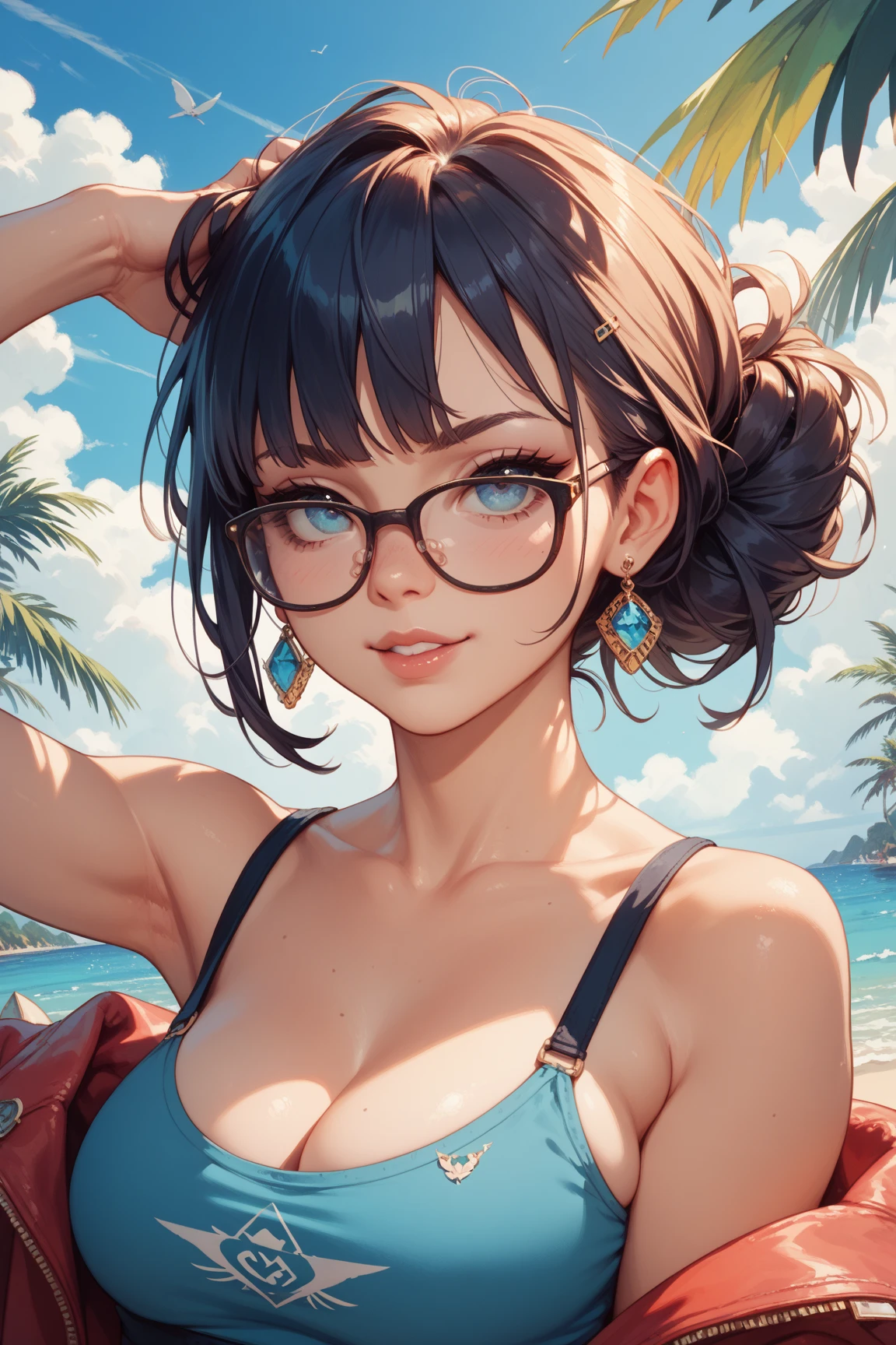 (best quality, masterpiece, perfect face, beautiful and aesthetic:1.2, colorful, dynamic angle, highest detailed face), 20 years old girl, medium, flirting on camera, 35mm, bokeh, 9:16, ocean view, at the beach, (intricate details, hyperdetailed:1.15), (high contrast, official art, extreme detailed, highest detailed), perfect face, female, gamer girl, blue eyes, wearing red lipstick, light smile, medium black wavy hair with purple highlights, wearing headphones, nerdy glasses, with black frames, bangs, she is wearing a bikini, exposed breasts, nipples, large breasts, cleavage, POV view from below, underboob, cleavage, chin up