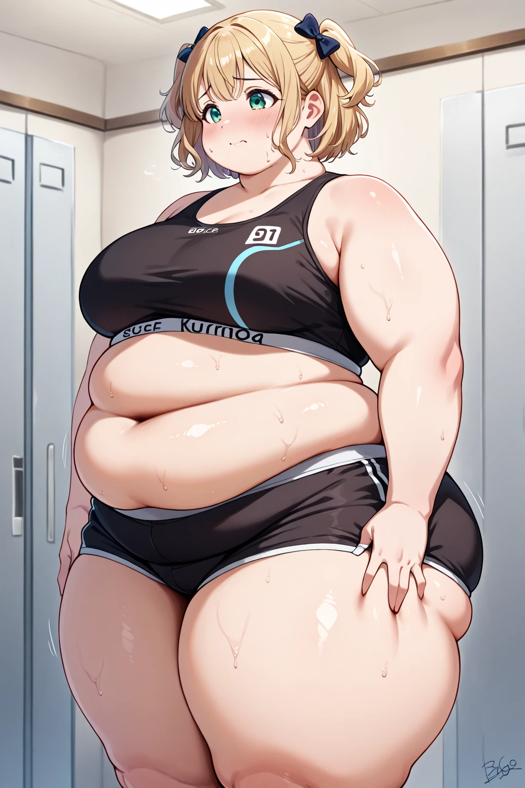 make yellowhaired ssbbw fat girl in too tight ripped shorts when she's work out at the gym
