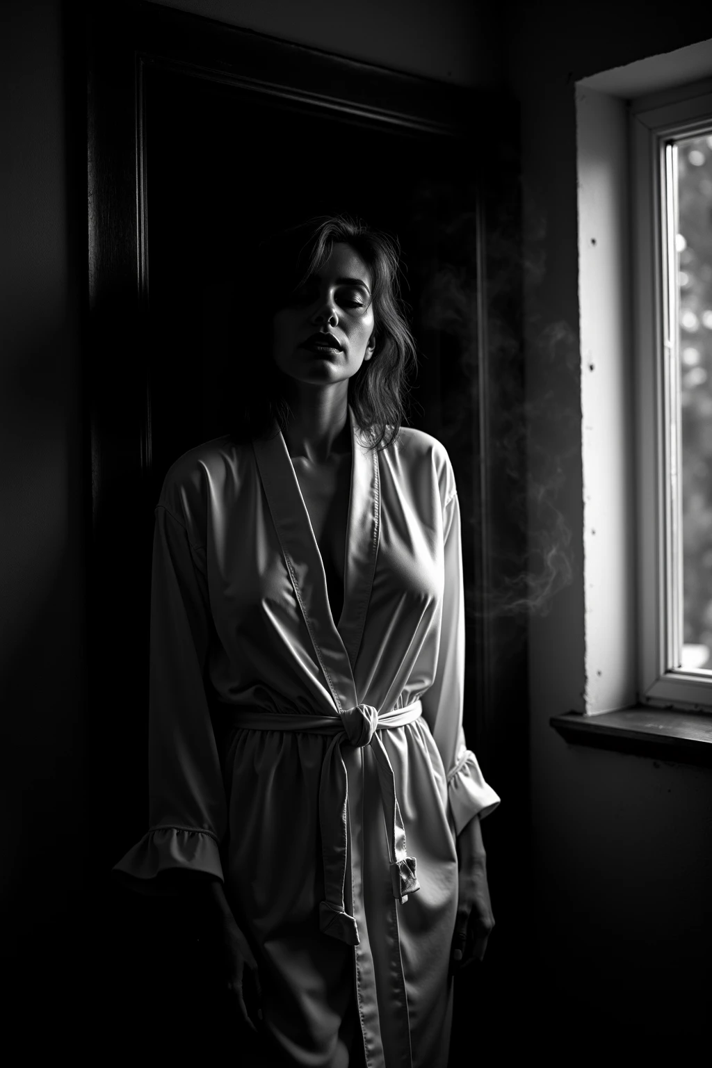 In a dimly lit studio, a seductive model exudes confidence and allure as she poses with grace, wearing a form-fitting black shirt. Her captivating gaze draws you in, enhanced by the play of shadow and light that adds depth and realism to the image. The meticulous attention to detail brings out the textures of the fabric, revealing its sleekness and creating a tangible sense of touch. This compelling portrait focuses on the model's sensual appeal, highlighting her beauty in a refined and sophisticated manner.