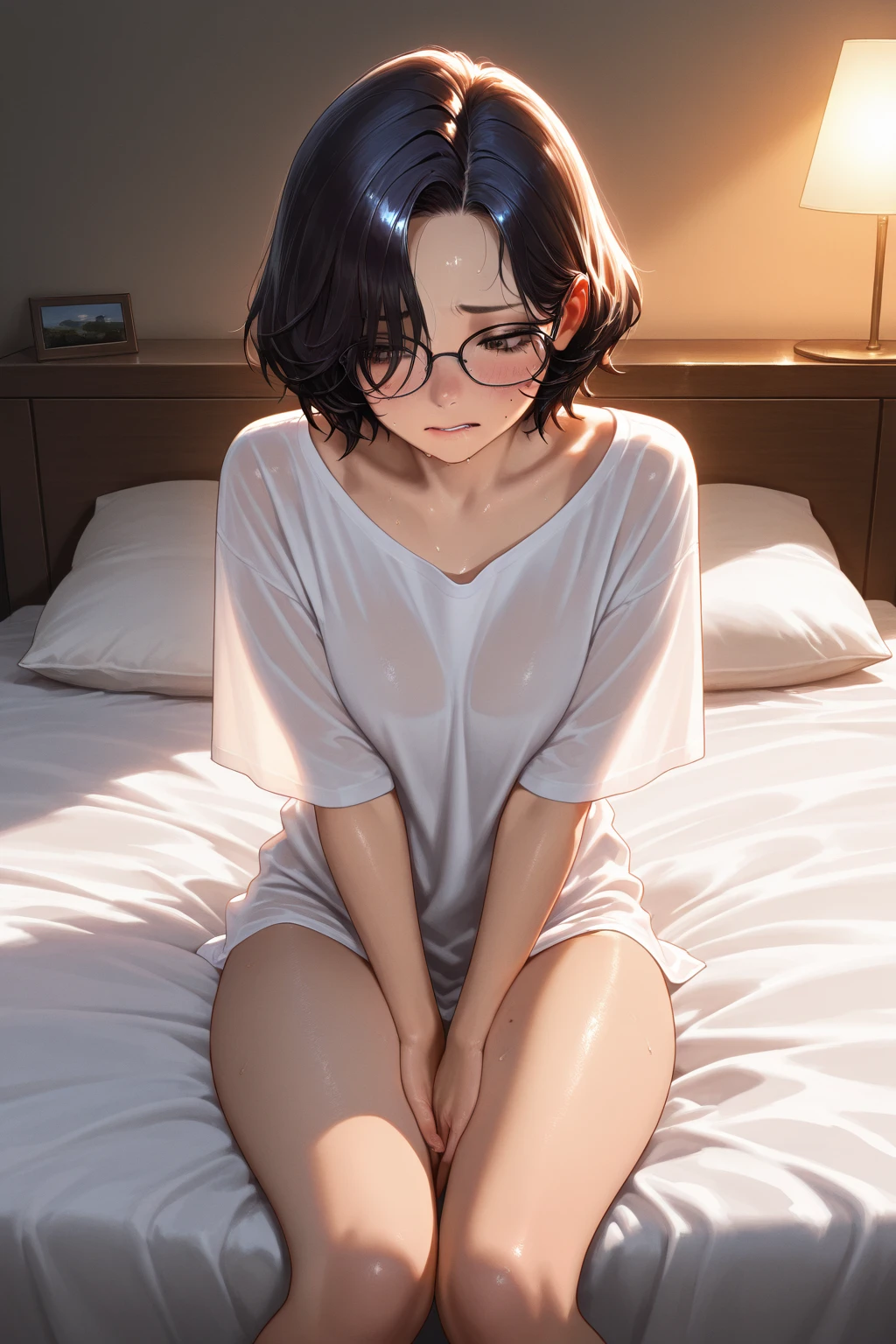 ((Mother Piece)), Highest quality, High resolution, うちはsalad, Very short hair, mature, Get sexy , Time Skip, Classify your hair, Thin glasses, Micro Bikini, please sit down, Sexy pose, Iris, Black Hair, ((Leg spread, lying on the bed)), Earrings, clavicle, uchiha symbol Earrings, Very short hair, Tomboy hair, Tomboy, choker, Fascinating, bed, Highly detailed face, Highest quality, salad, humid, Sexual teasing, Delicate and beautiful, ((( sexy lace leotard)))、((Nipples are visible:1.5))、Crotch bite、((Bare breasts:1.6))、Very small 、Very wet body