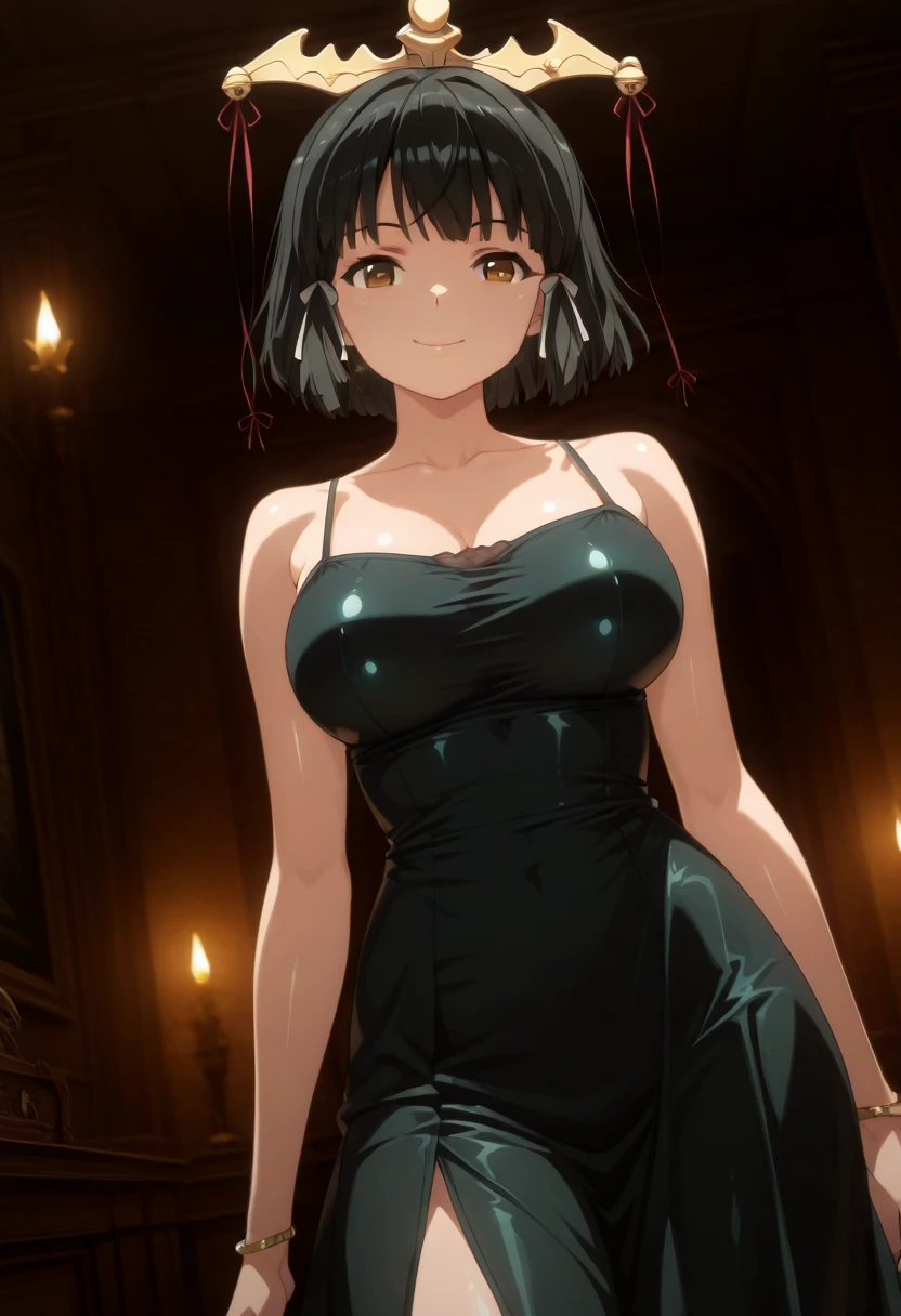  (High resolution:1.4), (masutepiece:1.2), (High quality:1.3) 1girl, saten ruiko, green eyes, long hair, black hair, small breast, A luxurious dress from medieval Europe,  cinematic lighting,  pov, grin, A medieval mansion, dynamic angle, nsfw