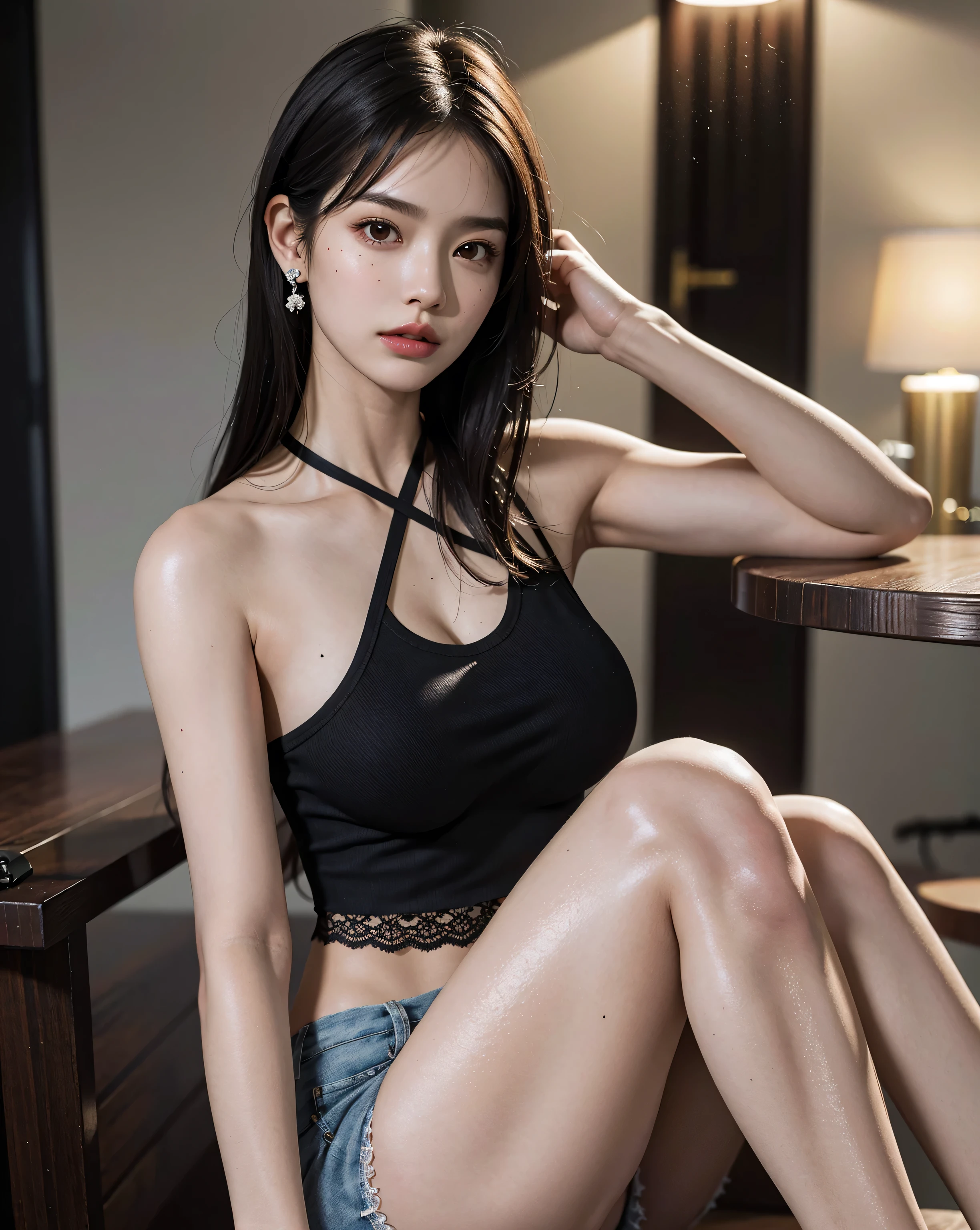 Beautiful portrait of a stunning goddess girl, Slender white long legs，Smile(Double tail：1.3),(Deep V：1.8),（navel，1.4），，Beautiful and delicate face, porcelain skin, full-body shot, center, super soft lighting, symmetry, complex, elegant, Very detailed, lifelike, art station, concept art, Smooth，Long burgundy hair curled down slightly，Wearing a black suspender skirt with tiny rhinestones and a small denim shawl，Paired with a pair of black folding high boots。The backless dress outlines the perfect curves of the back，A slender white ribbon goes around the neck，A heart-shaped clasp that blocks the crescent chain。The lower body is wearing a pair of dark green slacks，Wearing the Swarovski Dakhia Global Collection Couple Puzzle Bracelet on your wrist。Light makeup on face，The unique crescent chain is still hanging diagonally around her neck.。
