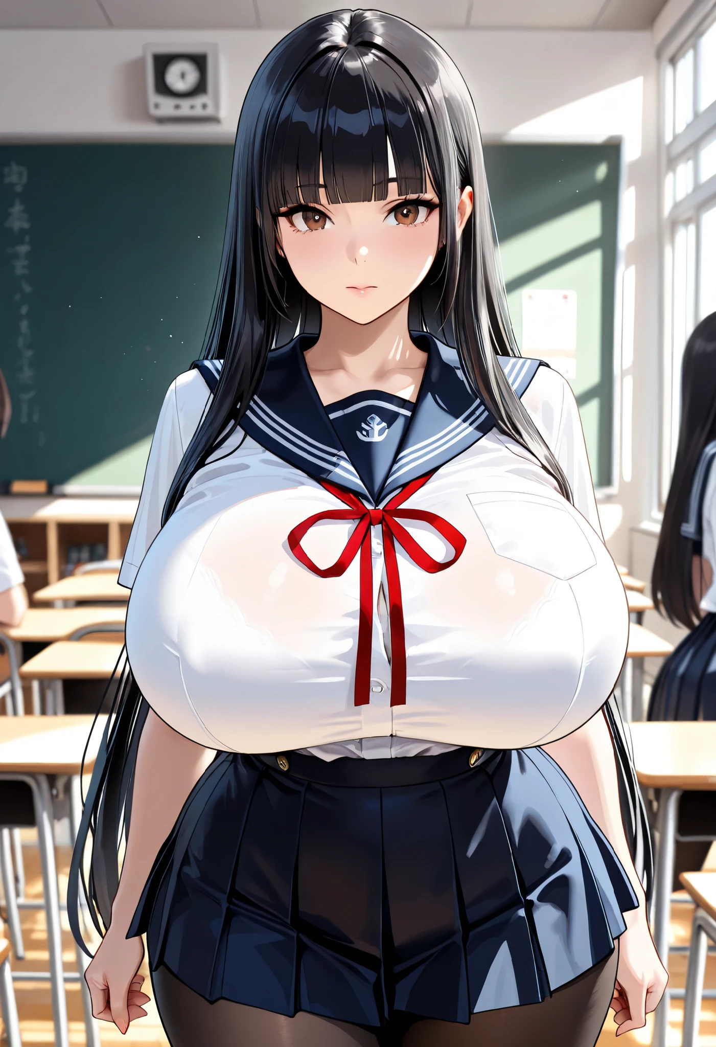 (masterpiece, Hi-Res, very high resolution, 8k, super detailed, top quality), Japanese Women, 1 high school girl, beautiful character design, tall from the school building, Clean face, (black hair, very long hair, straight hair, blunt bangs), beautifully detailed eye depiction, Expressive Eyes, brown eyes, Japanese woman who likes to be lewd, No expression, (school uniform, Red ribbon, sailor skirt, Black pantyhose), (pointy breasts:1.2, saggy huge breasts:1.1), Beautifully Shaped Boobs, constricted waist, wide hips, standing, Cowboy Shots, In a classroom at a school where no one else is