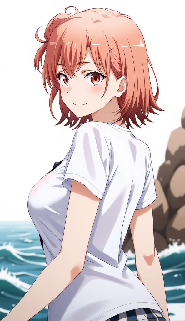 1girl in, Yuigahama Yui, , Short hair, Pink hair, large boobs, hair bun,
(Best Quality, hight resolution, 4K, Detailed Lighting),
(white T-shirt), (sweat),
(panic, blush:1.2),
at noon, beach, cloud, sunshine,
From above, POV, upper eyes,