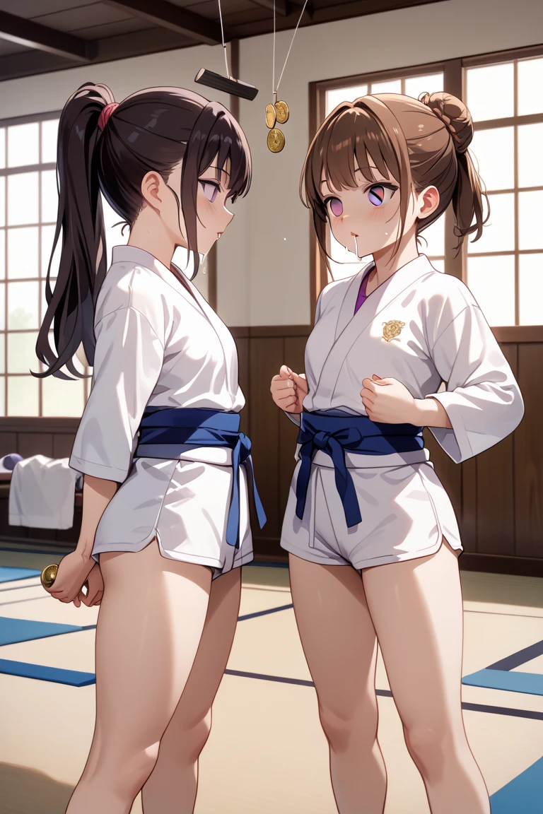 (masterpiece, best quality: 1.2), (1girls:1.5), ((Judo stance)), fighting pose, standing, (show off panties), (blue panties), high quality underwear, (glamorous), huge breasts, high detailed face, cute face, 14 years old, thoughtful glance, (two legs), (annoyed), blush, sweat,
BREAK,
updo, brown eyes, beautiful eyes, palm of the hand, (collarbone), (looking at viewer), cowboy shot,
BREAK,
(white Judo uniform),
BREAK,
(Inside the Judo hall, tatami mat),