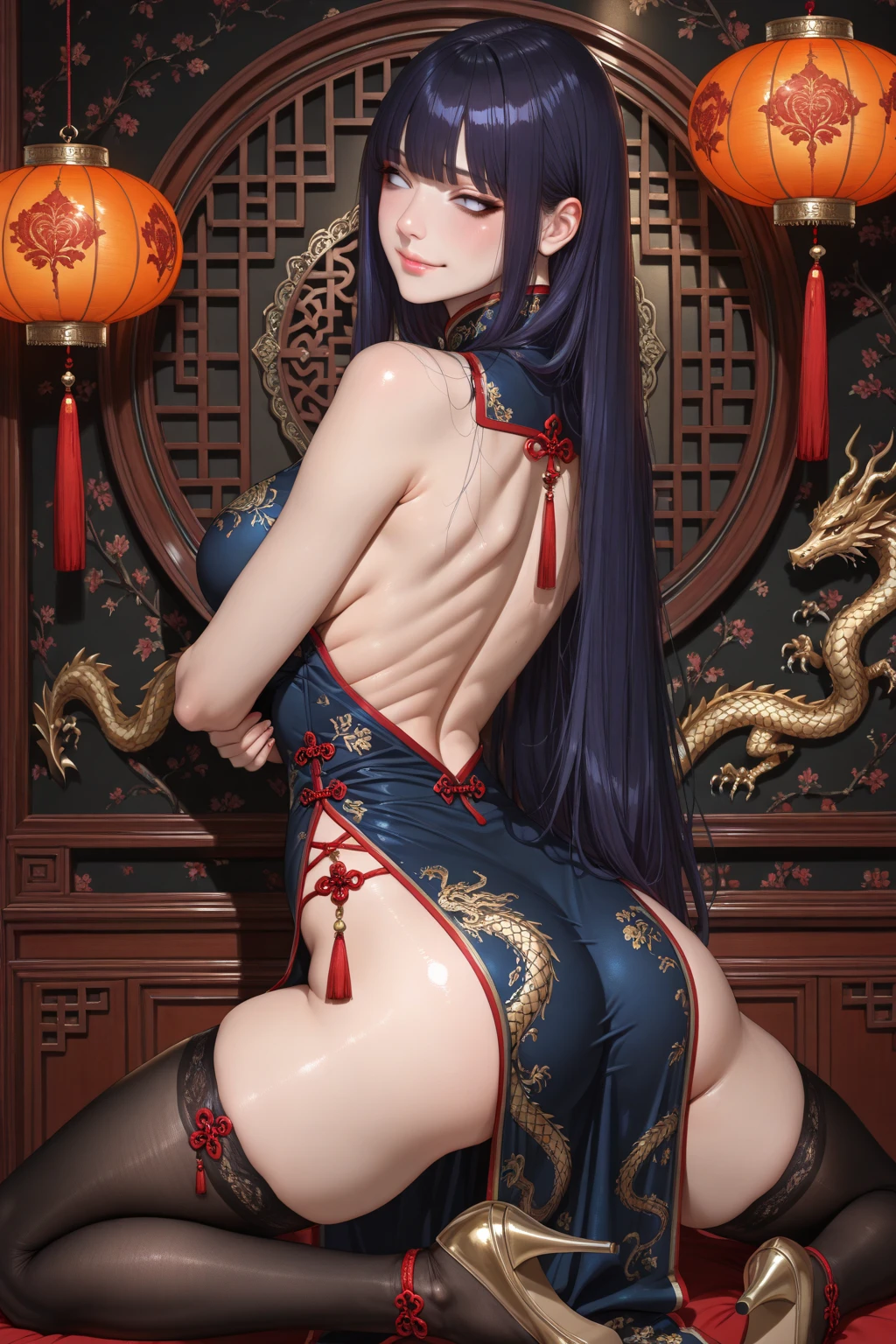 1girl, ass,back,looking back,colored skin,purple skin,widow-lily,china dress,chinese clothes,looking at viewer,yellow eyes,parted lips,smile,red lips,(masterpiece:1.4),(best quality:1.4),(shiny skin)