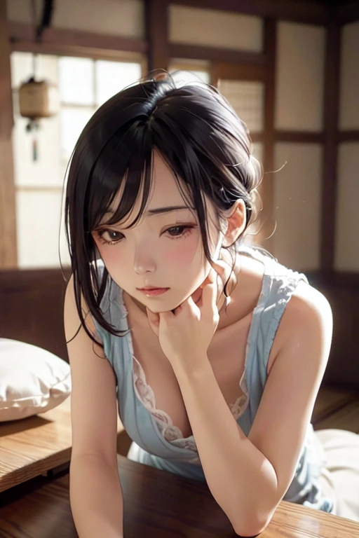 Michimi lies on the floor with shy facial expressions