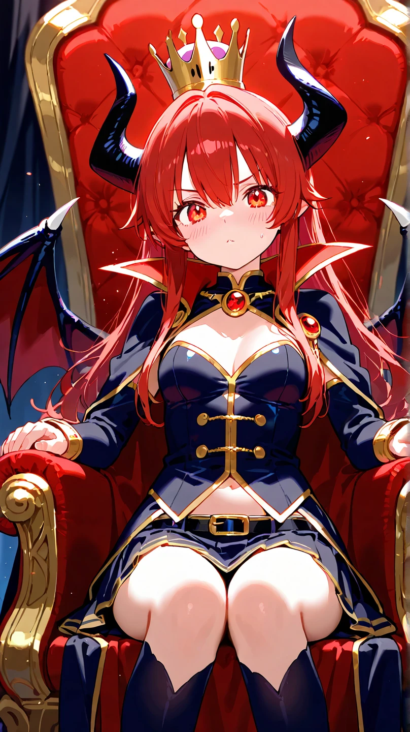masteRpiece, best quality, 1giRl, Solitary, Yellow eyes, Red haiR, small bReast, demon giRl, Devil Tail, Demon Wings, small demon hoRns, pointy eaRs, (small bReast), (),  Double tail, bat haiR oRnament, cape, white shiRt, white legweaR, Plush Toys, Stuffed Animals, beRet, Gloves, Bangs, have，Large Breasts