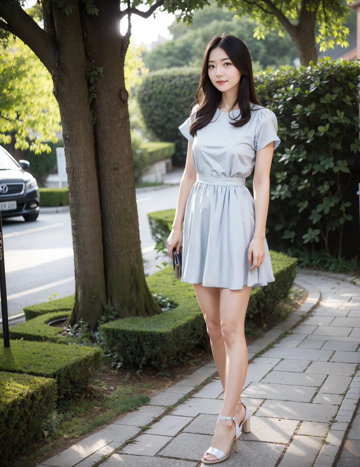 Short and thsirt wear, A beautiful girl with detailed eyes, nose, and lips, standing in a mountain landscape, wearing a short and tsirth dress and carrying a bag, with an aesthetically pleasing and proportional body. 8K, highly detail