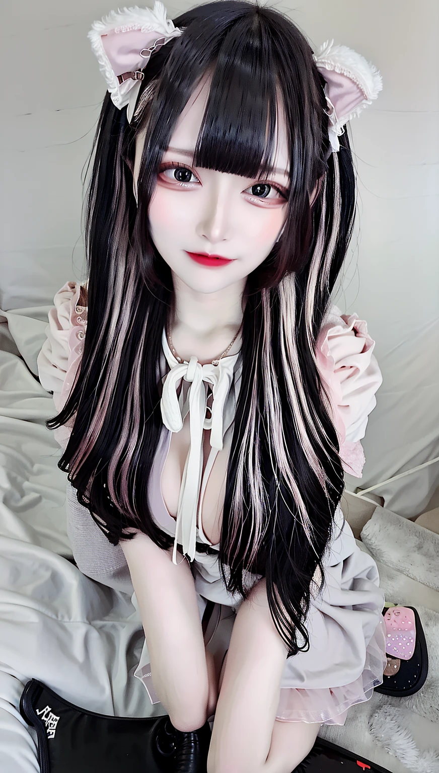 highest quality、8k、32k、masterpiece、Hmph:1.2)、One Girl、One girl, Striped Hair, Black Hair, Hair between the eyes, A small sexy mole under the eye, High detail, Conceptual Art, Gothic art, Super detailed, High details,Focus on the face,nsfw,(nipple slip), Mid-chest,Detailed nipples,topless