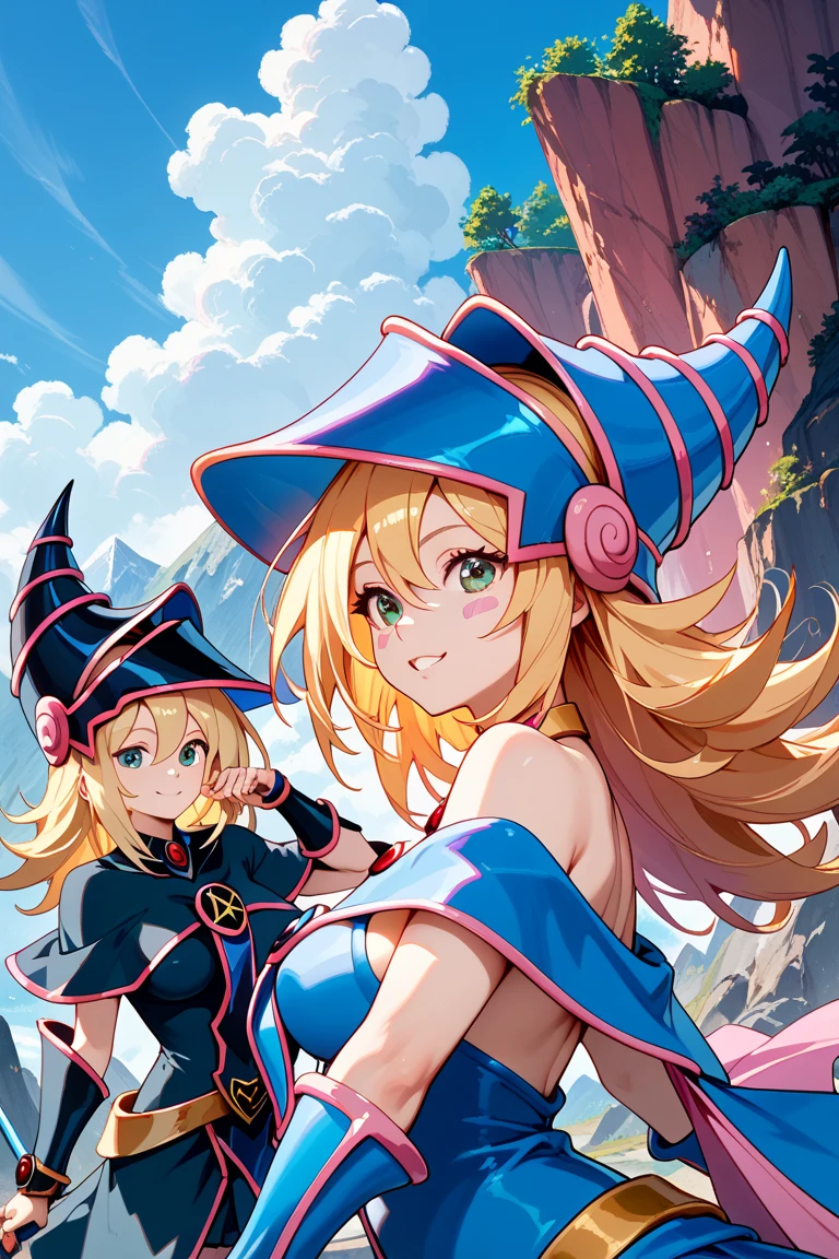 Very detailed、Highest quality、Best image quality、masterpiece、8k、Open mouth smiling、(Big eyes)、(Puffy eyes)、(SFW Huge Body)、Cowboy Shot、(Four Dark Magician Girls standing side by side)、multiple girls