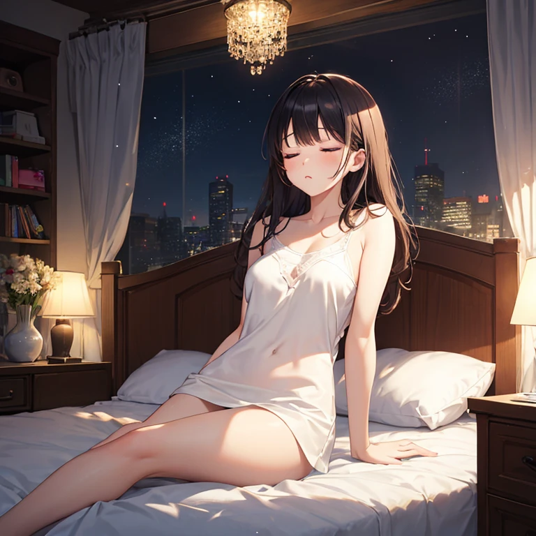 (Highest quality), Girl relaxing in her room,Large windows,Night view