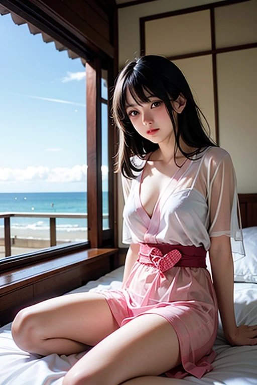 1 girl,highest quality、Super high resolution、(Photoreal:1.4)、blue eyes、look at the audience、blush、Off-shoulder white dress with floral print、lying in bed