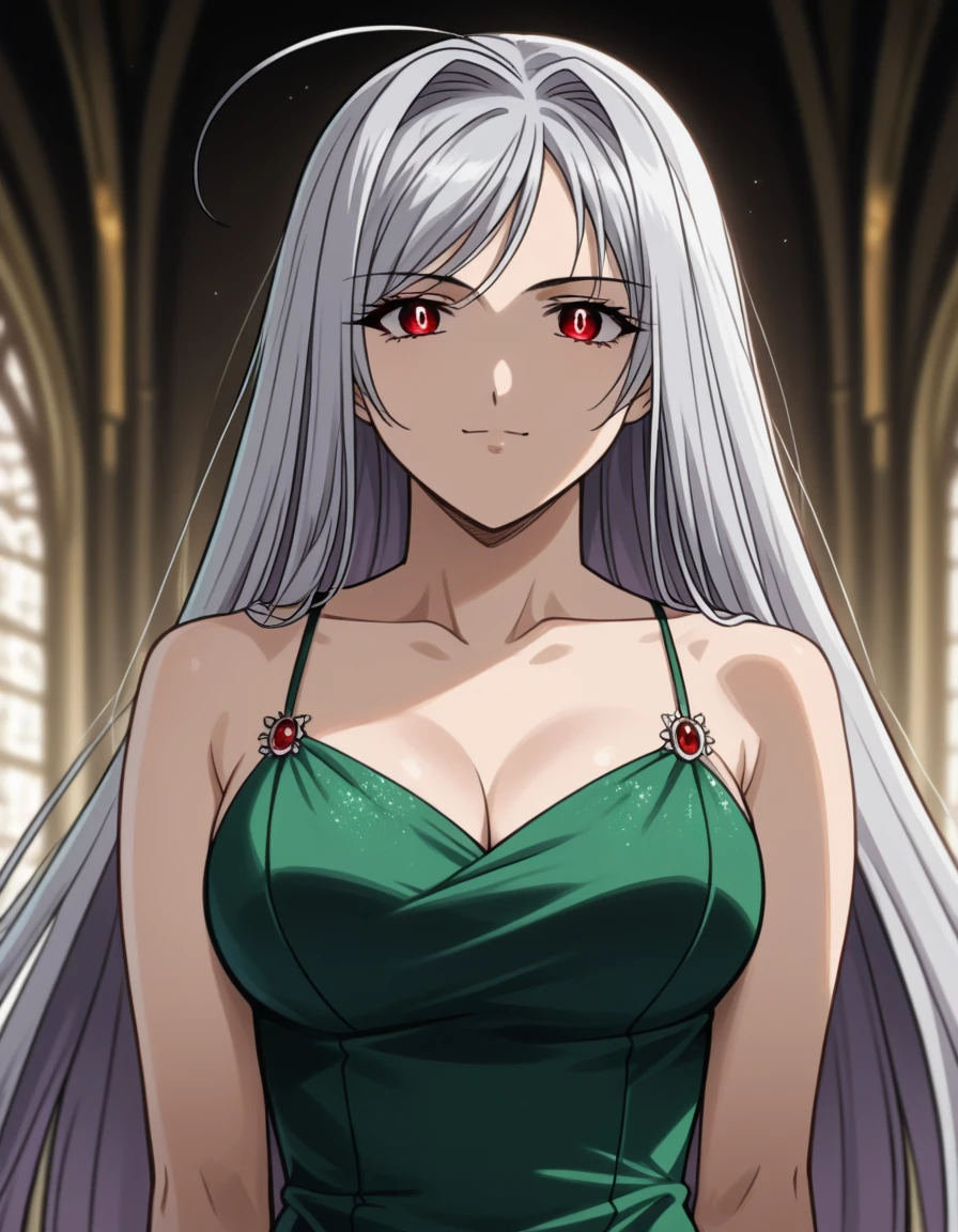 Irisviel,black sheer dress sleeveless,solo,looking at viewer,beautiful smile,arm at side,middle size of breast,beautiful necklace,
