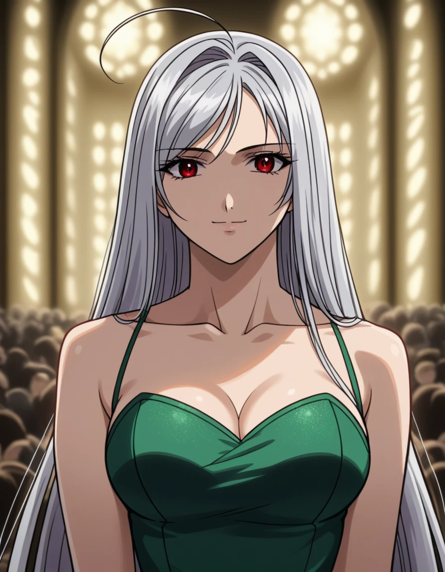 1girl, female gojo satoru, anime screencap from jujutsu kaisen, gojo satoru female version, solo, long_hair, Red eyes (silver_hair)), (hanging breasts) upper_body, smile, indoors, book, red_eyes, lips, ( ponytail) ((wearing bunny outfit ) breast, "very detailed and high resolution" (Red eyes)  ((solo)) (earings) ((high resolution)) ((good quality)) ((side bangs)) (sitting)