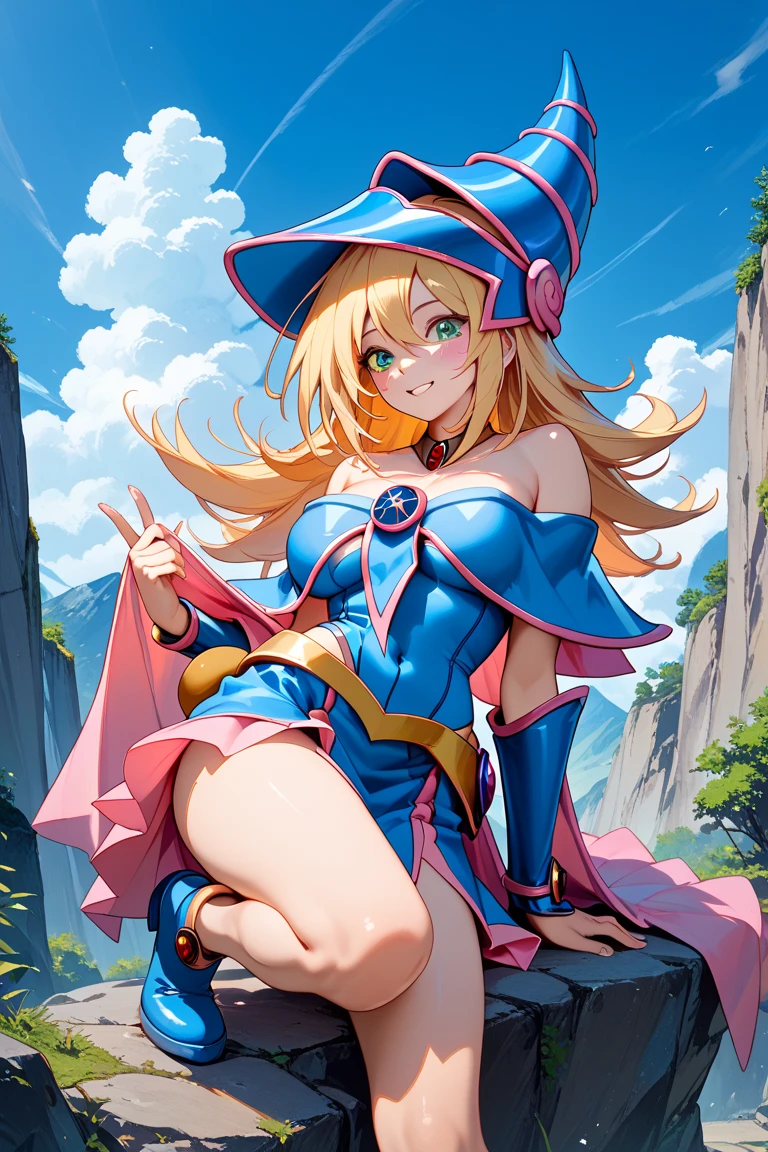 Ereshkigal in the fate series sitting on the grass under a tree looking at the sky looking at the mythical flying creatures in the fields with a beautiful mountainous landscape behind her from a distant view