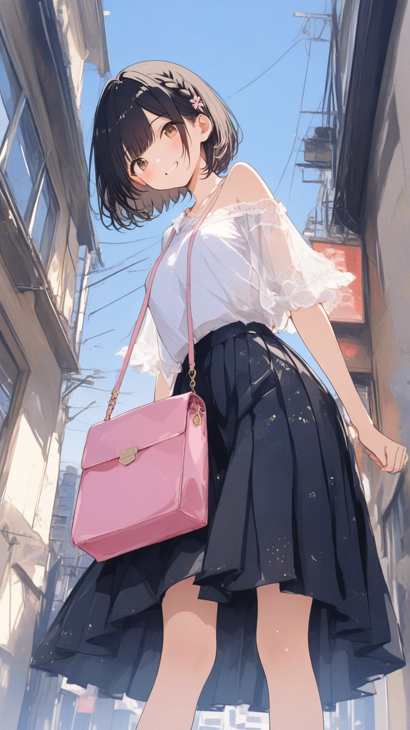 Maho Nishizumi,
Pink Sweater,Pink Skirt,
Semi-short hair,Brown Hair,Brown Eyes,Big Breasts,
Close both eyes,blush,narrow your mouth,from the front,
Sunset Station,Upright posture,At least one black shoulder bag,
Beautiful image quality,