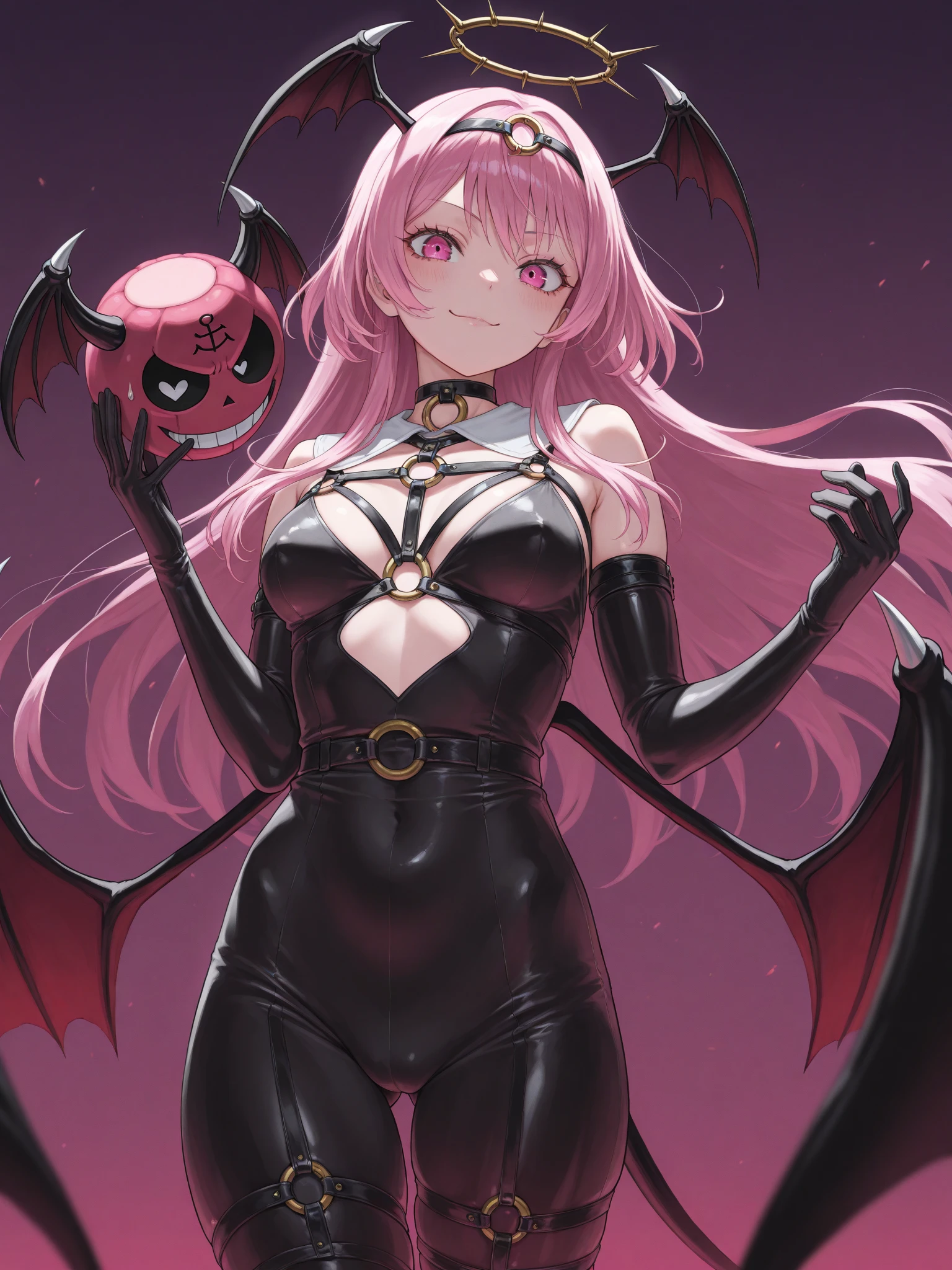 one girl, Carefully draw the face, High-quality faces in anime style, (pink hair) , (Black glossy body suit), Bat-print purple pantyhose, seductiv smile, Morrigan Aensland, (white background), medium breasts, standing