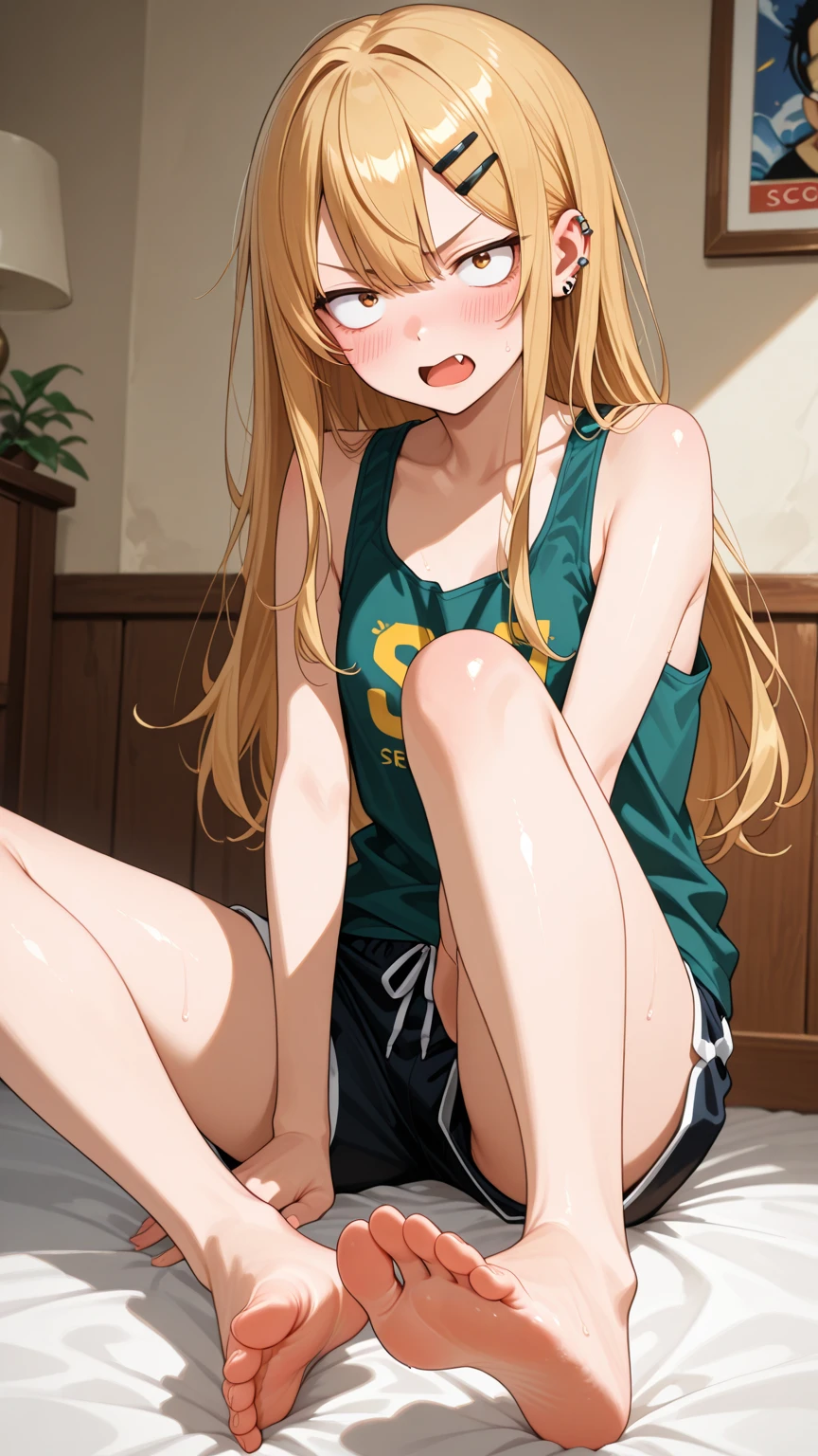 nsfw,best quality, masterpiece, uncensored, BEARK, hiro-gym,shinosawa hiro,slender,orange eyes,white eyelashes,blonde hair,long hair,hairclip,green track jacket,(open clothes),white sneakers, many sweat heavy breathing, head focus, transparent sneakers, open shirt,standing split,(She's so thin that you can see her ribs:1.5),(thin legs:1.5,very small breast:1.5),(blond pubic hair:1.2),(skinny,bony),(cum shot:1.1),(look at viewer),(Bukkake, cum on body:1.1),(Bukkake, cum on face:1.1),(Bukkake, cum on hair:1.1),(Bukkake, cum in pussy:1.1),(ecstasy Face:1.3),(ahegao),(sex,cowgirl style:1.5),((gym)),(peace sign:1.5),(look at viewer),