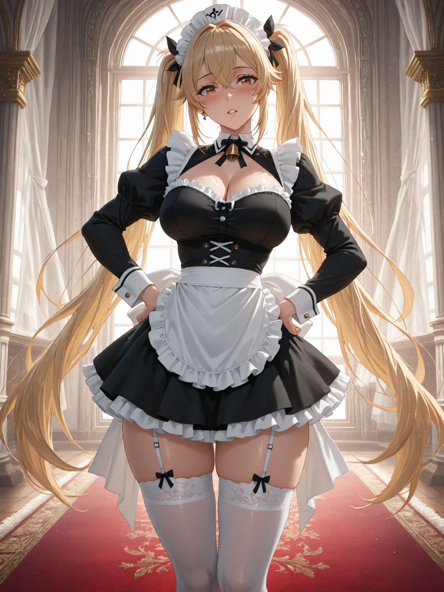 beautiful girl、perfect body、beautiful ample breasts、long blonde hair、((maid))、((Show your panties))