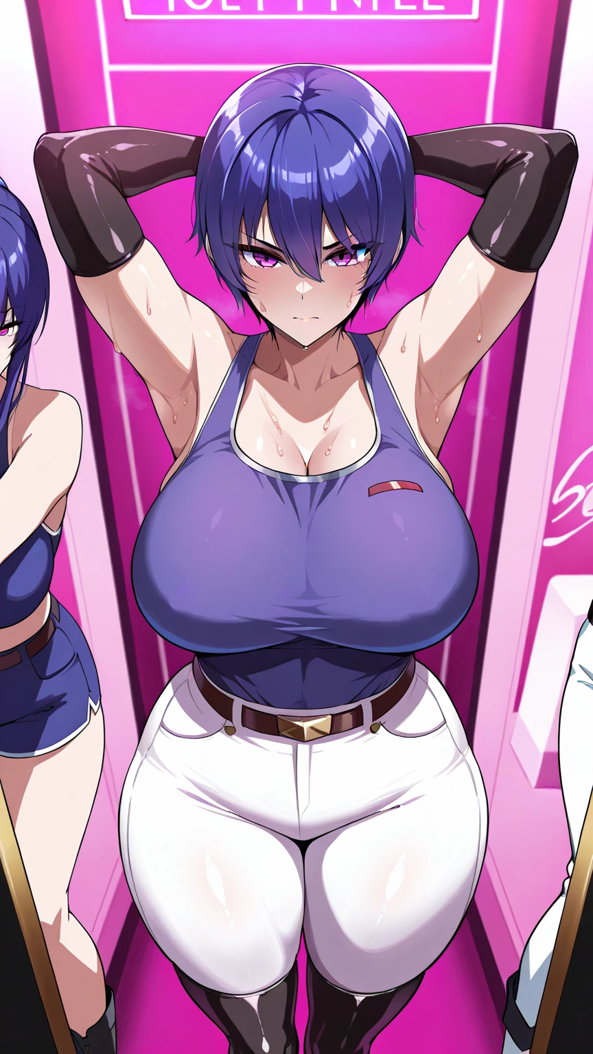 2heads, a short chubby woman with 2 heads. She has gigantic breasts. She is wearing an unzipped hoodie with nothing underneath. She is wearing sweatpants. Her massive breasts protrude from her hoodie. She is blushing. She looks seductive.