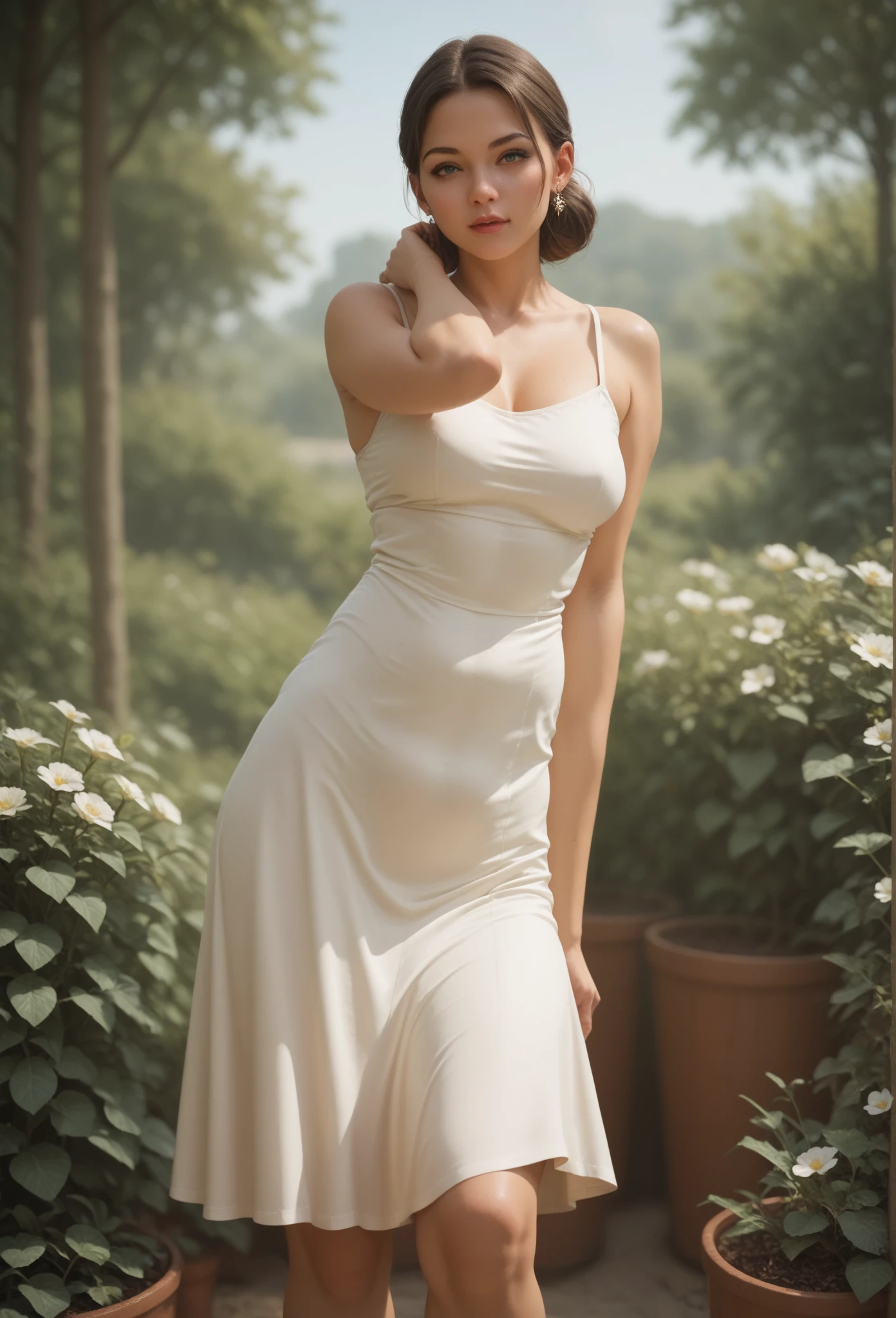 ((Highest quality)), ((8k)), ((masterpiece: 1.3)), (Perfect appearance), (Photorealism: 1.6), (JMA), (Genuine:1.4), 1 Mature Woman, Perfect ???????, 60 years old, ((Realistic skin texture)), (Fine lines on the skin), (Dull skin), (Facial wrinkles), (Wrinkles around the eyes), double eyelid, Tear bags under the eyelids, (corner of the eye: 1.3), (Thin eyebrows), Medium Long Hair, (????? from the waist up: 1.3), Small breasts, Small breasts, Flat Chest, (Airy Skirt), ((Standing posture: 1.3)), (Outdoor Resort: 1.2),