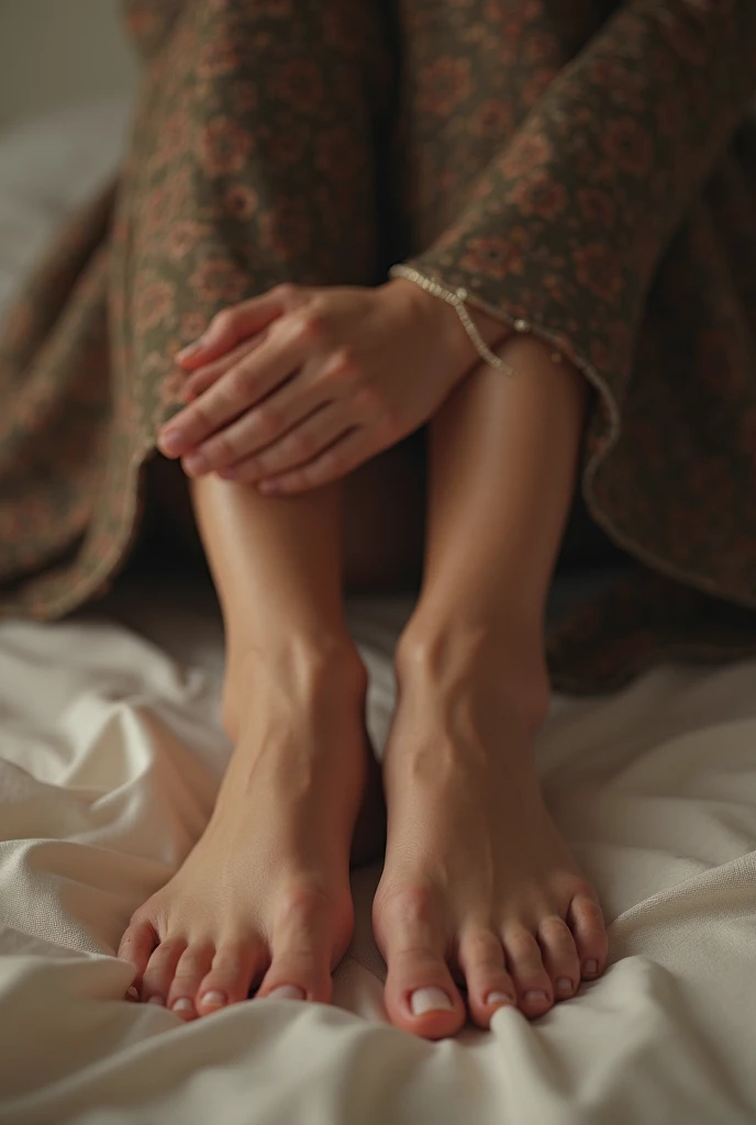  a fair beatiful feet arched sole of a girl wearing saree on bed 
