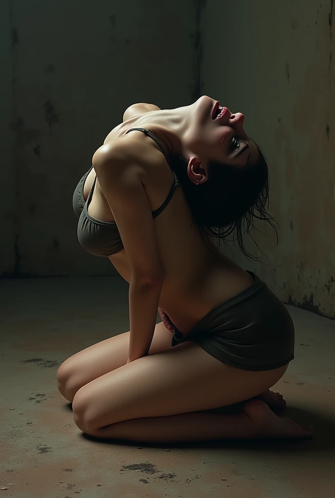 Back view of a sexy girl with long straight hair and fully crawling on the floor turned into stone