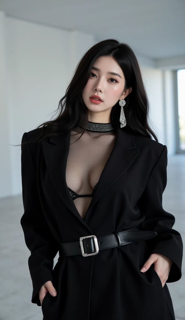 masterpiece,best quality,high resolution,8k，Focus on the thighs and above,RAW photos,digital photography,(Sci-fi style female family),20 year old girl,Long ponytail hairstyle,through bangs,(purple eyes),(white hair),huge ，huge ，huge ，exposing her chest，expose breast,expose breast,A plump chest,felling,Elegant and noble,Serious and indifferent,Open white coat,Black camisole bra,rich details​,close your mouth,show your belly button,Intricate ornaments,cyberpunk futuristic style,(Female Scholar),photo poses,White background,oc render reflection texture,huge breast,huge breast,huge breast,exposing her chest，