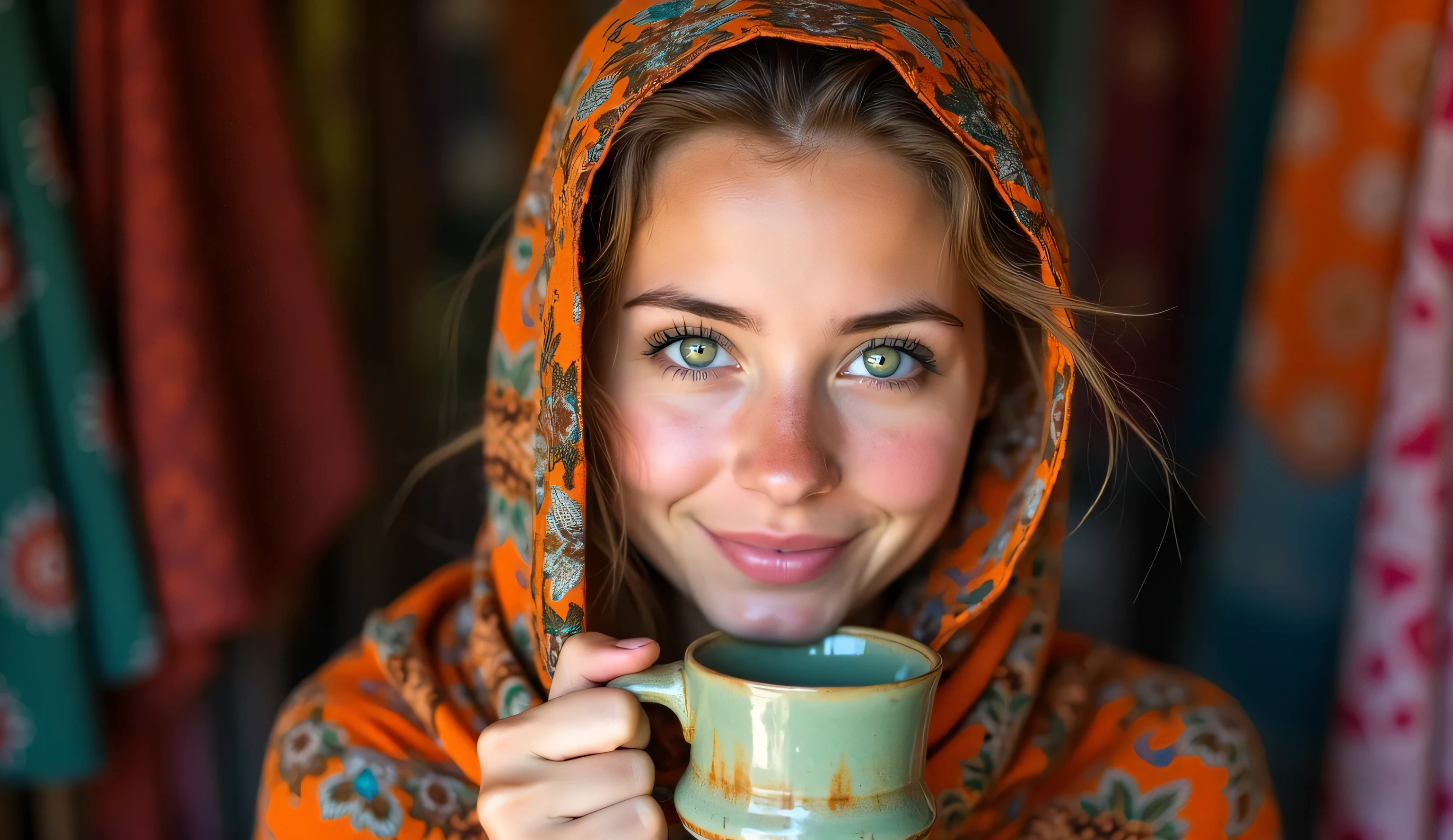Image is a vibrant, colorful portrait featuring a young woman with fair skin and striking green eyes. She is wearing a richly patterned, multicolored headscarf that covers her hair and shoulders, blending seamlessly with the similarly patterned textiles in the background. The headscarf features intricate designs in shades of orange, brown, and blue. The woman holds a rustic, green ceramic cup close to her lips, suggesting she is about to take a sip. Her expression is serene and slightly smiling, with well-defined eyebrows and soft pink lips. The background is filled with an array of colorful fabrics, adding depth and texture to the composition.