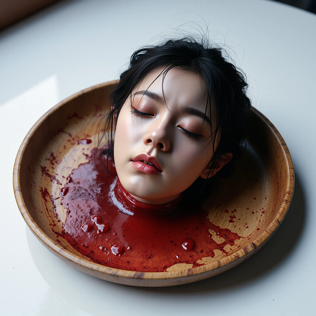 decapitated female head on a plate, covered in flesh, full of blood, ((eyes closed)), served like a food dish, bloody, photorealistic, 4K, Nikon, horror, ahegao face