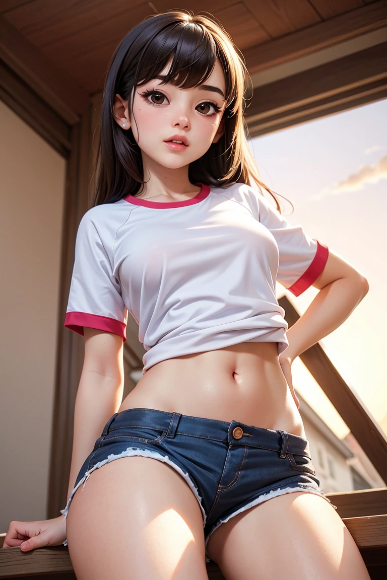 mix 4, The 20th, 一人in, glasses,long hair、 shirt, expensive_heels,full_body, look_in_viewer, (8K, Raw photo, highest quality, masterpiece:1.2), (realistic, photorealistic:1.37), professional lighting, photon mapping, radio city,Physically based rendering、body操服(White T-shirt with lines on the cuffs)and put on bloomers、wearing red bloomers、red bloomers thin fit into your crotch、high socks、bloomers、Simple bloomers、naughty smile、young japanese woman、super big breasts、nipple erection、expensive socks、sneakers、sexy pose、spread your legs、bodyにフィットしたブルマ、school rooftop、Bloomers that get hard on the buttocks、the whole body is wet、Country girl、A naive girl、Serious looking girl shy face、full body portrait
