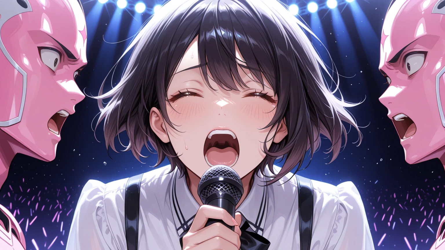handjob,front view,face focus,An open-front shirt,bra,open mouth,tongue out,cum on tongue,lick,(1girl,Beautiful 14 year old girl),front face,from front,front view,looking at viewer, looking ahead,Black Hair,Beautiful and detailed anime art,Dimly lit room,Simple Background,Gray background,Low lighting