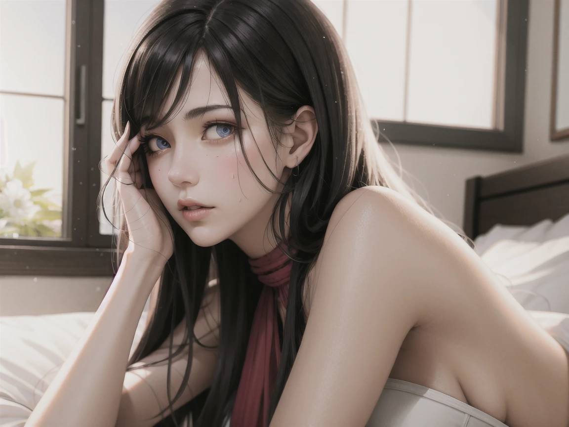 Solo girl, tifa lockhart from final fantasy, long hair, eyelashes, lying on bed, medium breasts, detailed face and eyes, 8K Quality, masterpiece, cleavage, legs, eyes on viewer, caressing hair,