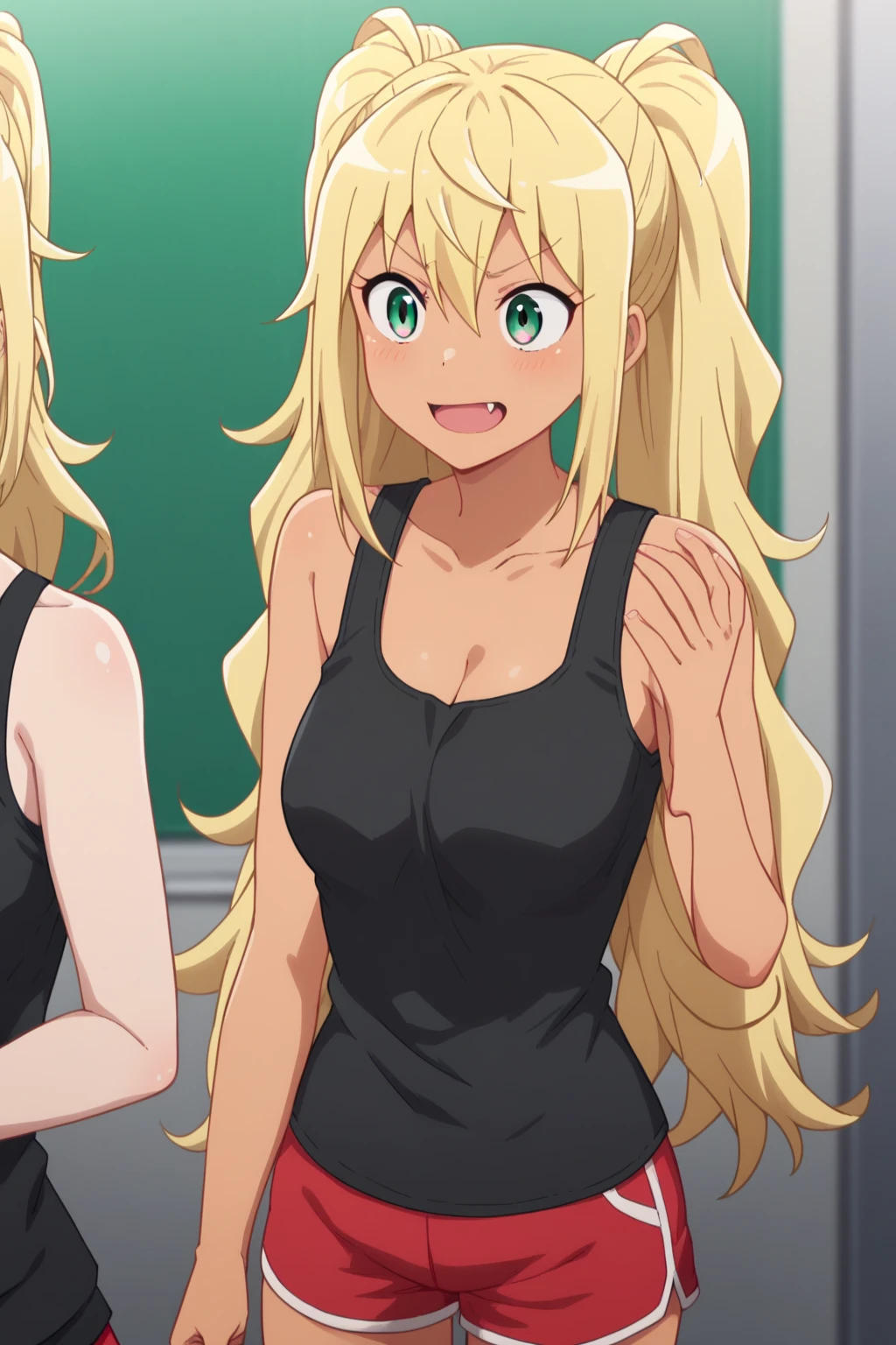 best quality, (masterpiece),(ultra-detailed), (high quality), (high resolution), ((3heads:1.5)), best quality:1.5, highres, UHD, 16K), smiling, highres, masterpiece, ((blonde hair)), (long hair), blushing, ((cinematic particles)), cowboy shot, ((top tank top)), green shorts, sharp looking eyes,, headband