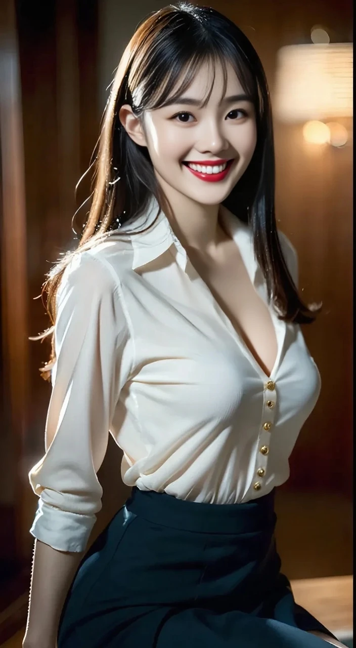 (8k, RAW Photos, highest quality, masterpiece:1.2), (Realistic, photo-Realistic:1.37), Ultra-detailed, 1 girl,cute, alone,(Closed Mouth),Seductive smile, Wide opening, Professional Lighting, Sony a7R4, Zesse 50mm F1.8, Medium breast,Detailed and beautiful eyes,White formal shirt:1.2,Draped skirt:1.2,Girl with perfect body,Black Hair, Long Hair,huge breasts:1.2, cleavage:1.2,Exposing cleavage: 1.2,expose the underboob: 1.2,Full body description, Armpits, Previous button, Ultra mini skirt, shiny skin, oiled skin, sweaty skin, Leaning forward