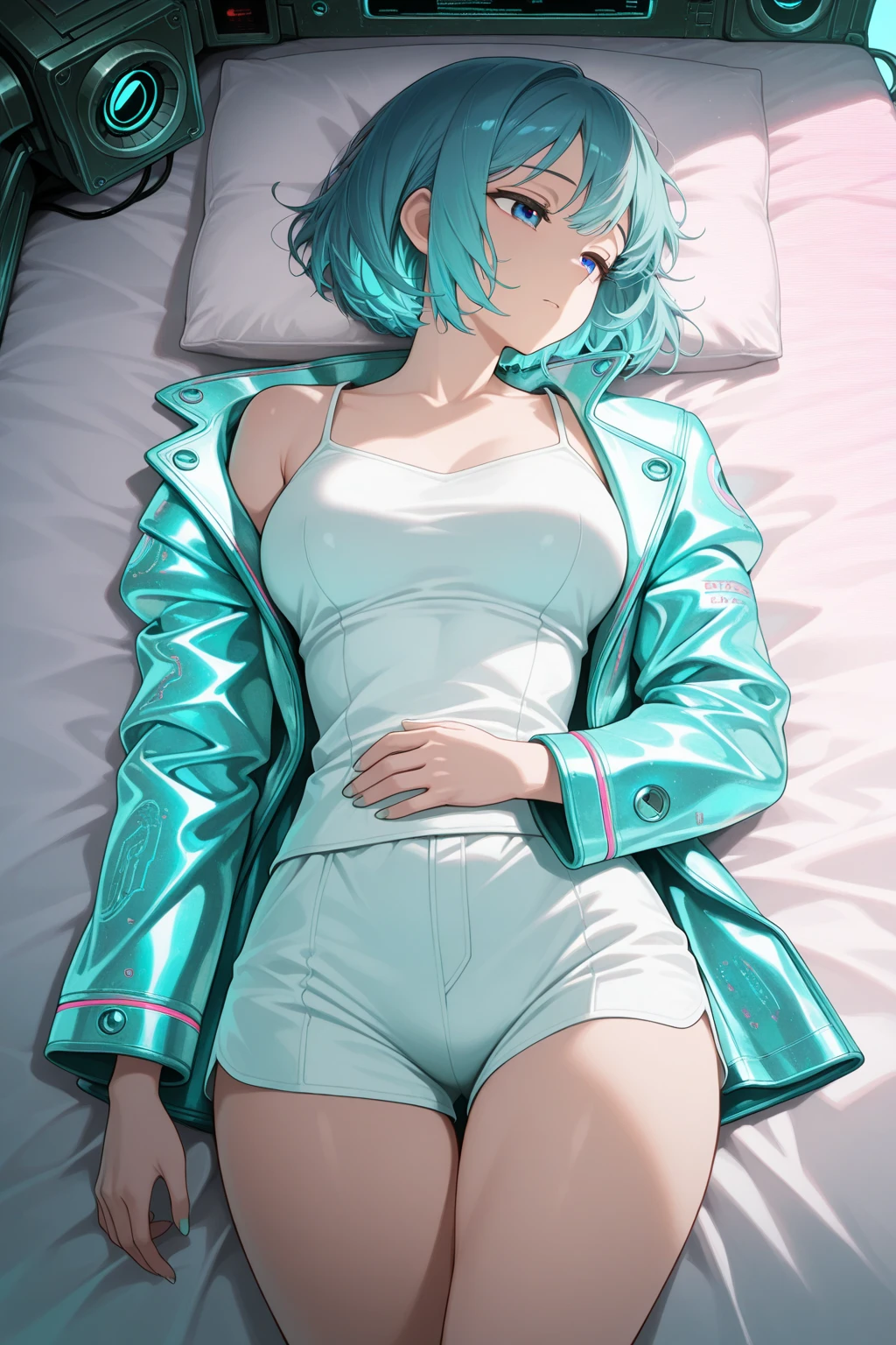 The size is very, very big and baggy clothes、Blue color lipstick、Foummra shark、anime character、Asian beauty in her late 20s、Fluorescent emerald green berry short cut hair、Sexy and cool look、Good style, slender and large breasts、Inner black sports bra、Big size sweater dress with a very loose silhouette in blue、You can see cleavage, however、Overall the skin is not very exposed