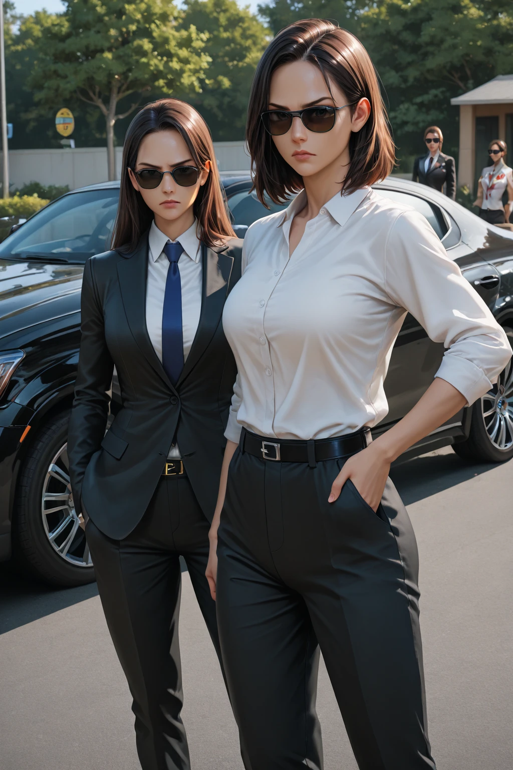 full body shot of stunning tall female corporation CEO, short black hair, Sunglasses, black blazer, tie, free hand, ( stay in relaxed pose)