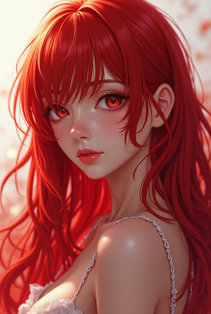 anime girl with red hair and red lipstick posing for a picture, stunning anime face portrait, beautiful anime portrait, realistic anime artstyle, detailed portrait of anime girl, anime realism style, girl, realistic young anime girl, detailed digital anime art, from above